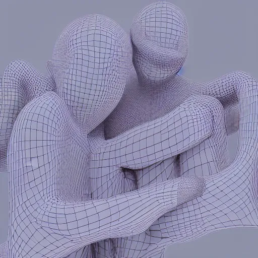 Prompt: beautiful abstract human bodies intertwined, wireframe, perfect topology, 3 d model, 3 d mesh, gradients, atmospheric lighting, octane render