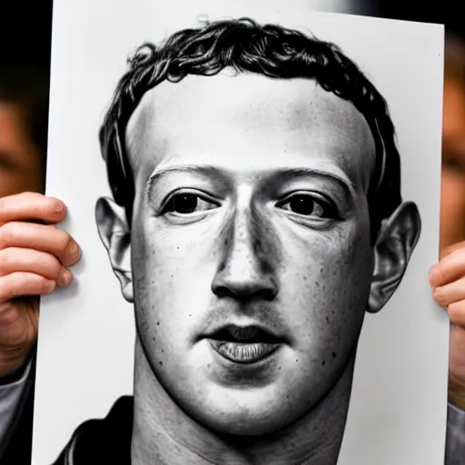 Prompt: Mark Zuckerberg police mug shot holding up a placard with a number on it