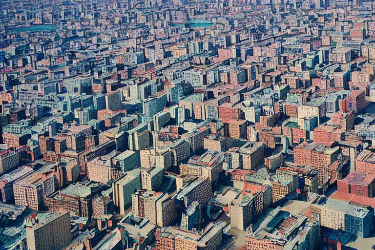 Prompt: bird's eye view photograph of a Soviet city, colorized