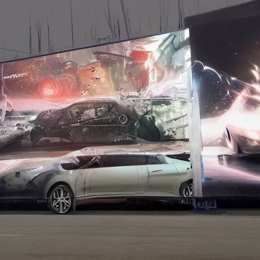 Image similar to sci-fi wall structure logotype and car on the coronation of napoleon and digital billboard in the middle in dark atmosphere by Ruan Jia Sheng Lam