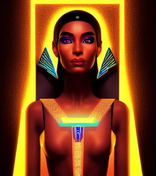 Image similar to symmetry!! egyptian goddess of technology, solid cube of light, hard edges, product render retro - futuristic poster scifi, lasers and neon circuits, brown skin beautiful egyptian goddess, intricate, elegant, highly detailed, digital painting, artstation, concept art, smooth, sharp focus, illustration, dreamlike, art by artgerm