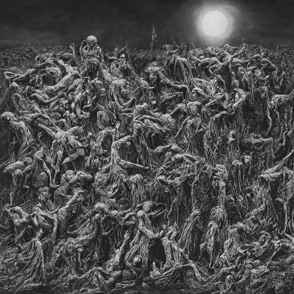 Prompt: evil baptism, decay, ritual, full moon, sorcery, highly detailed, wide angle, beksinski, bradley, otherworldly, andre le notre, psychedelic