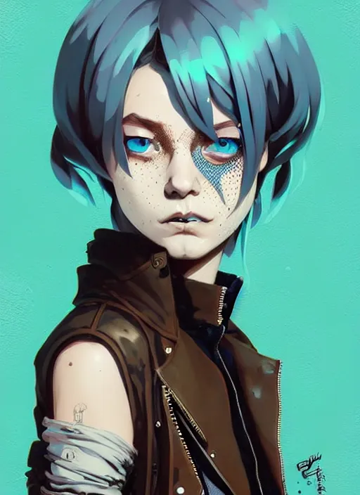 Image similar to highly detailed portrait of a sewer punk lady student, blue eyes, leather jacket, white hair by atey ghailan, by greg rutkowski, by greg tocchini, by james gilleard, by joe fenton, by kaethe butcher, gradient blue, black, brown and cyan color scheme, grunge aesthetic!!! ( ( graffiti tag wall background ) )