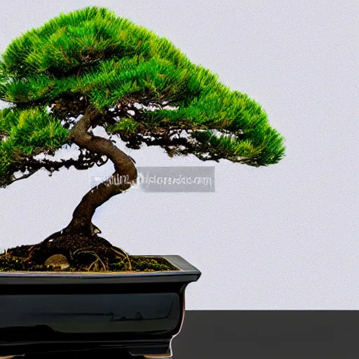 Image similar to bonsai tree, cyprus, in a black pot with white background, viewed from 30 degrees, detailed matte painting