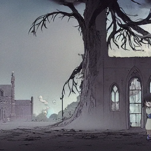 Prompt: ghost of a young girl, a burnt out church, wisps of smoke, photorealism, cel shaded, studio ghibli, hayao miyazaki