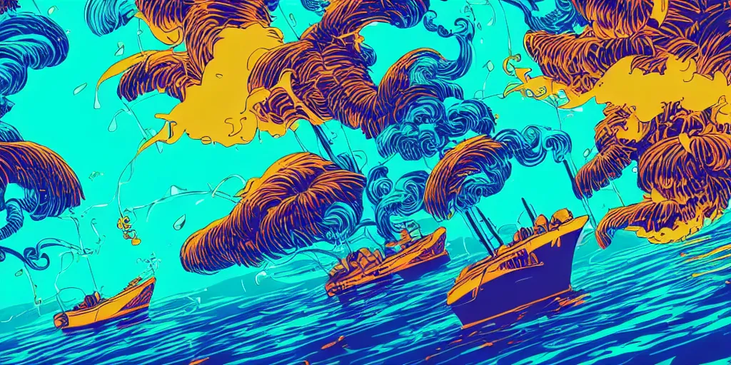 Prompt: glowing turquoise waves off the coast of Maui. Boats in the harbor. Macaw parrots flying above jungle trees. neon sign buildings with telephone lines, dramatic lighting style of Laurie Greasley and Satoshi Kon, symmetric lights and smoke, psychedelic effects, glowing particles, fractal neon rain.