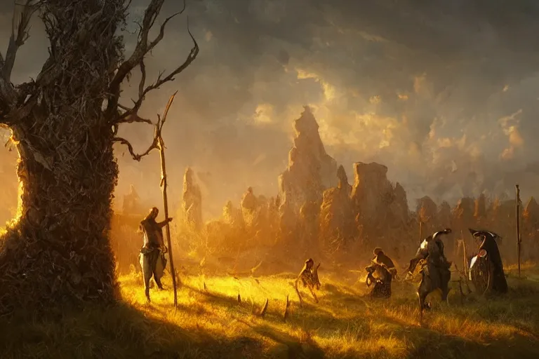 Image similar to medieval farmers uproot sacred groves to plant their crops. sunset lighting ominous shadows, cinematic fantasy painting, dungeons and dragons, jessica rossier and brian froud