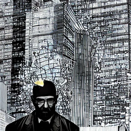 Prompt: a huge mechanical walter white destroying nyc