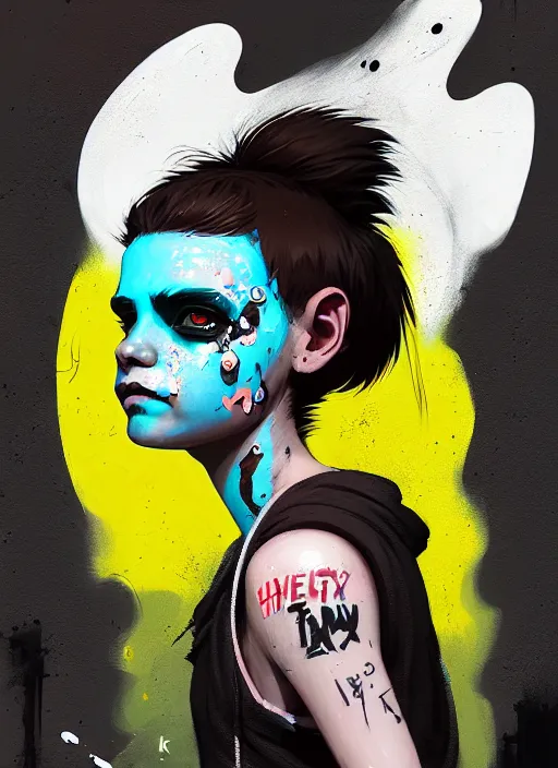 Prompt: highly detailed portrait of a sewer punk young lady with white graffiti face paint by atey ghailan, james gilleard, by joe fenton, by greg rutkowski, by greg tocchini, by kaethe butcher, 4 k resolution, gradient yellow, black, brown and cyan color scheme, grunge aesthetic!!! ( ( dystopian graffiti tag wall in background ) )