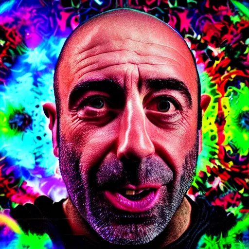 Image similar to a portrait of joe rogan with a psychedelic background with bokeh