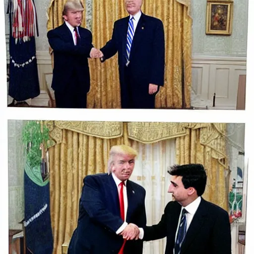 Image similar to mr bean shaking hands with donald trump