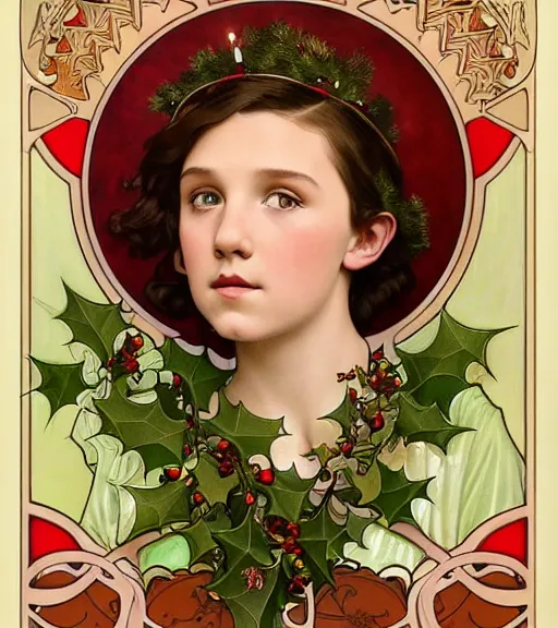 Prompt: realistic art nouveau style detailed portrait of 1 4 - year - old millie bobby brown wearing a holly wreath as a crown at christmas, lit only by candlelight at night by alphonse mucha, william adolphe bouguereau, and donato giancola art nouveau style, dark red and green colors