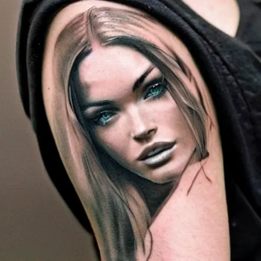 Image similar to realism tattoo sketch of double exposure megan fox with beautiful mountain scenery, in the style of andrey lukovnikov