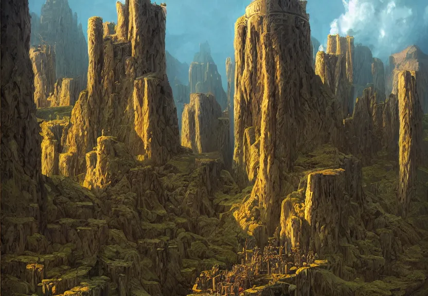 Image similar to artwork of the twin fortress, by michael whelan, fortress, trending on artstation, cinematic view