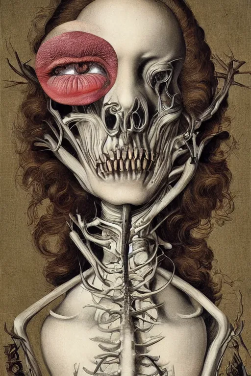 Image similar to Detailed maximalist portrait a with large lips and with large eyes, exasperated expression, botanical skeletal with extra flesh, HD mixed media collage, highly detailed and intricate, surreal illustration in the style of Caravaggio, dark art, baroque