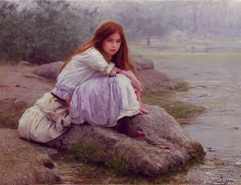 Image similar to peasant girl sitting on a stone by a shore of river, cottage core, cinematic focus, polaroid photo bleached vintage pastel colors high - key lighting, soft lights, foggy, by steve hanks, by lisa yuskavage, by serov valentin, by tarkovsky, 8 k render, detailed, oil on canvas