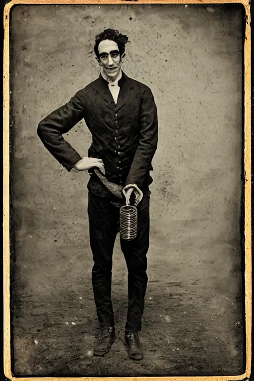 Prompt: portrait of patrick fischler as a snake oil salesman, daguerreotype, steampunk, groovy