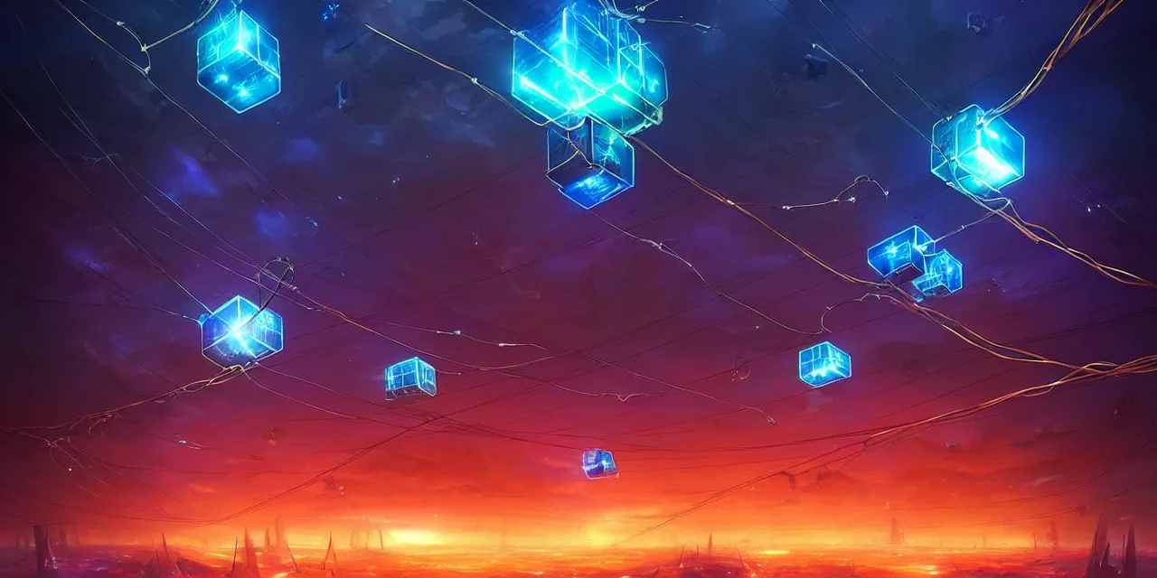 Image similar to a fleet of giant glowing futuristic cubes tied to each other with lots of wires in the sky, thick messy glowing wires, light rays bouncing between cubes, a fantasy magical landscape seen in the distance, atmospheric lighting, intricate, volumetric lighting, beautiful, sharp focus, ultra detailed, in the art style of marc simonetti, bowater charlie and brom gerald, astrophotography