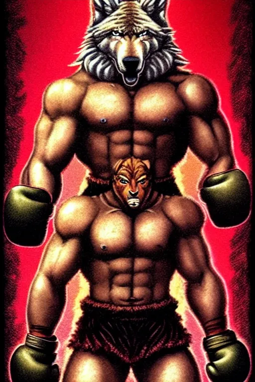 Prompt: extreme long shot. 8 bit nes graphics. antropomorphic muscular masculine wolf. kickboxer fighter, in shorts. wolf head. fine details, very sharp, art from nes game cartridge, 8 0's, vhs artefacts, vaporwave style, marc simonetti and hermann nitsch.