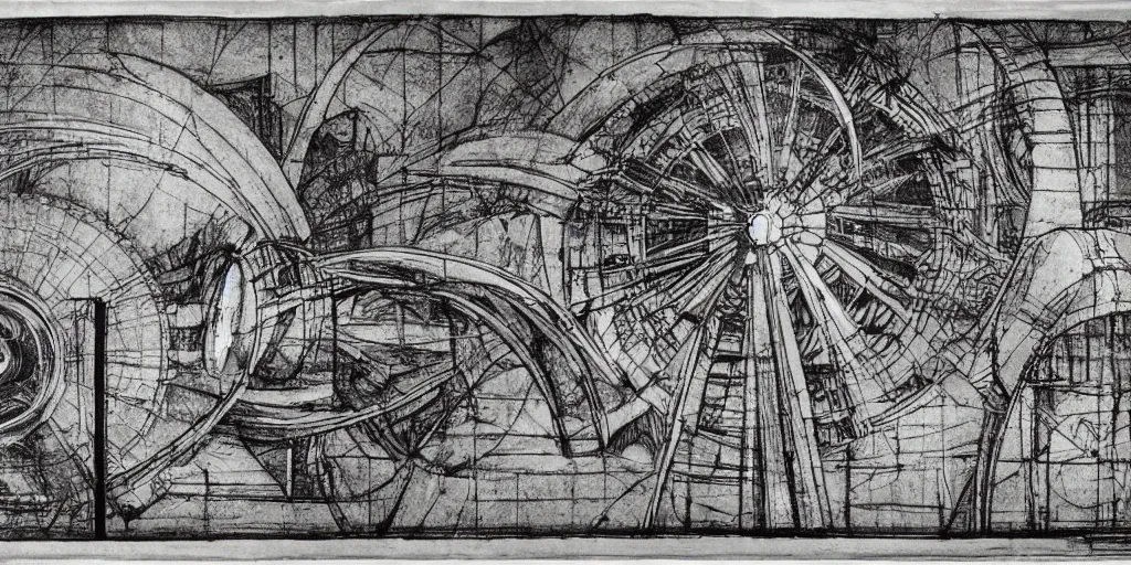 Image similar to leonardo da vinci color intricate full page scan blueprint of an environmental turbine machine, on paper, black ball pen style, :: ultra-detailed technical precision :: mixed media with white and silver lines, realistic composition, point of interest at golden ratio, light from right, more darkness on the bottom, monumentally art composition, high quality of sketching with subtle hairlines, highly detailed rounded forms, inside out and outside in, octane render