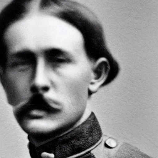 Prompt: a black and white old photo of a soldier with long blonde hair and long blonde moustache