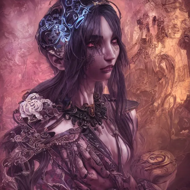 Image similar to the portrait of chaotic evil female necromancer overlord as absurdly beautiful, gorgeous, elegant, sadistic young woman, an ultrafine hyperdetailed illustration by kim jung gi, irakli nadar, intricate linework, bright colors, octopath traveler, final fantasy, unreal engine 5 highly rendered, global illumination, radiant light, detailed and intricate environment