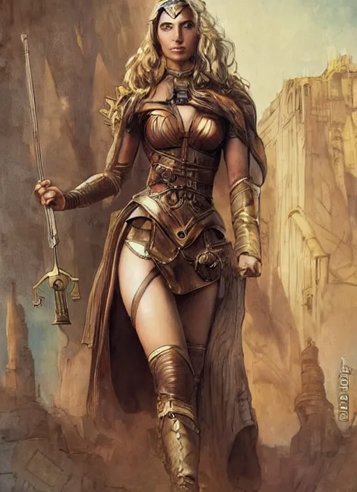 Prompt: highly detailed steampunk gal gadot with blond hair, standing, iron age : leonardo da vinci, greg rutkowski, magali villeneuve