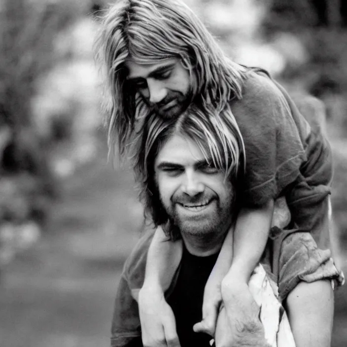 Prompt: kurt cobain giving a piggy back ride to krist novosellic as a photograph with seattle, movie still, 8 k,