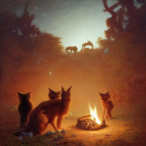 Image similar to three cute caracals wearing red bows or ties, acoustic guitar, campfire, night, atmospheric lighting, intricate, volumetric lighting, digital art, highly detailed by gaston bussiere, craig mullins, j. c. leyendecker 8 k