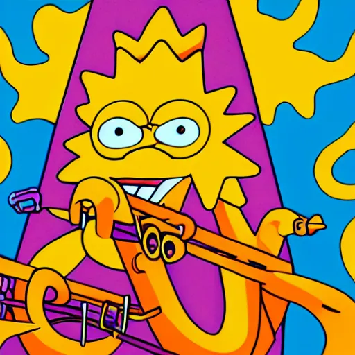 Prompt: Lisa Simpson falling into a giant saxophone, psychedelic art, uhd, matte painting, n 4