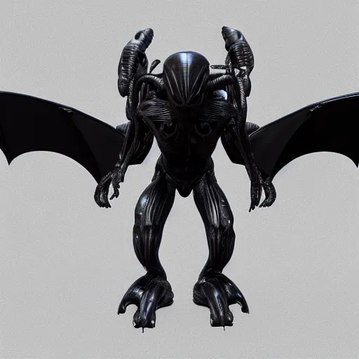 Image similar to 3d render of a xenomorphic bat, black chrome