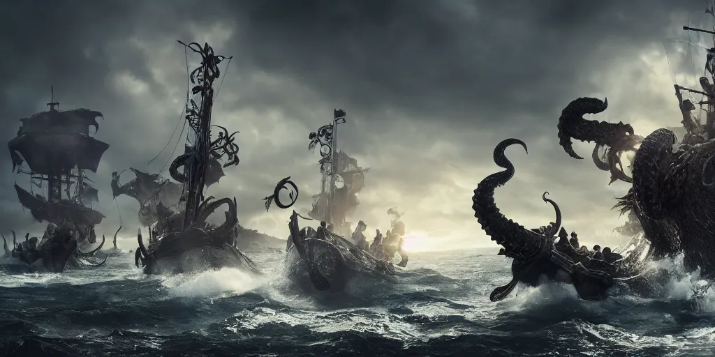 Image similar to Vikings versus the kraken, the last stand, Epic Background, highly detailed, sharp focus, 8k, 35mm, cinematic lighting