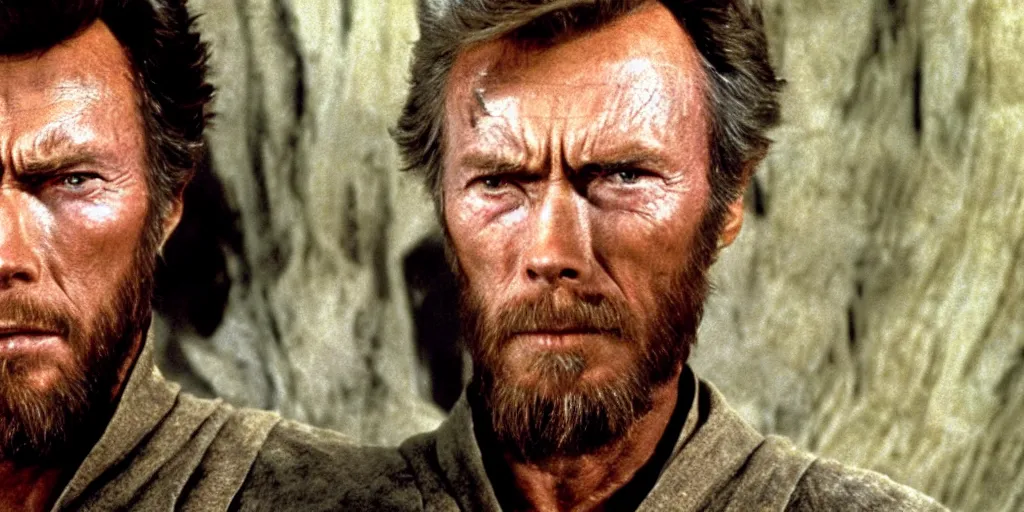 Image similar to Still of Clint Eastwood as jedi master Obiwan kenobi!!!!. in Star Wars (1977). detailed eyes. medium shot, technicolor.