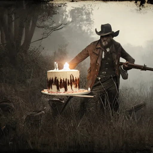 Image similar to a matte painting of hunters from hunt showdown videogame holding a birthday cake, digital art, very detailed, in the style of greg rutkowski,