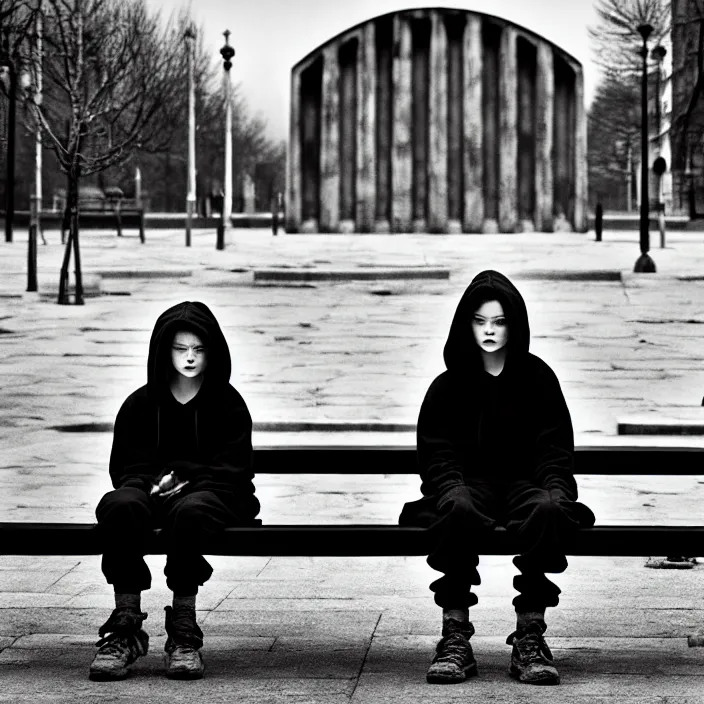 Prompt: sadie sink in hoodie sits on bench in ruined square, pedestrians walk by, old soviet monument. storyboard in the style of gabriel hardman. scifi cyberpunk. cinematic atmosphere, detailed and intricate, perfect anatomy