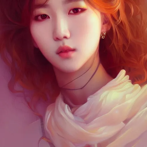 Image similar to portrait of kpop idol, dreamy and ethereal, casual clothes, fierce expression, intricate, rose tones, highly detailed, digital painting, artstation, concept art, smooth, sharp focus, illustration, art by artgerm and greg rutkowski and alphonse mucha