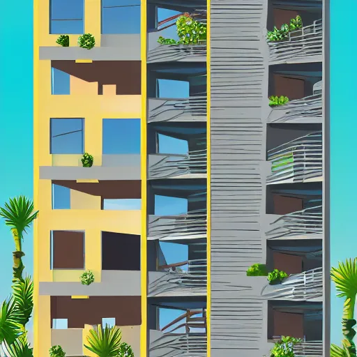 Prompt: travel poster style advertisement of a 3 story contemporary house neighborhood street, sunny cloudy weather, concrete stone and wood materials, large windows, 6 0 s inspired cars parked in front