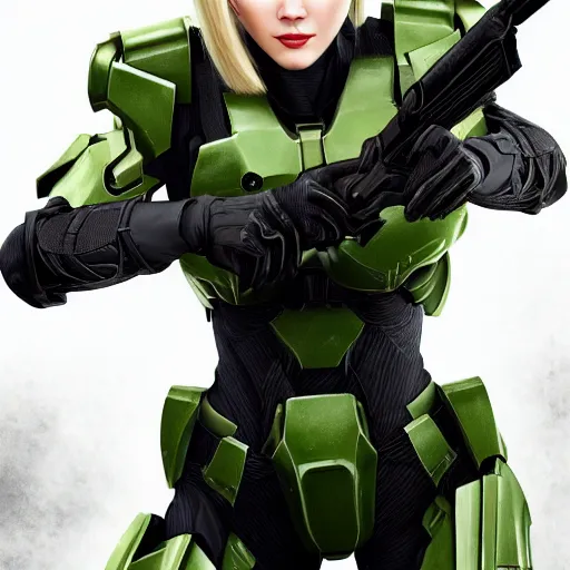 Image similar to A combination of Ada Wong's and Grace Kelly's and Katheryn Winnick's appearances with blonde hair wearing Master Chief's armor from Halo, high tech, action shot, angular, full body portrait, futuristic, dramatic, fantasy, intricate, elegant, highly detailed, digital painting, artstation, concept art, sharp focus, illustration, 8K, art by Donato Giancola and James Gurney