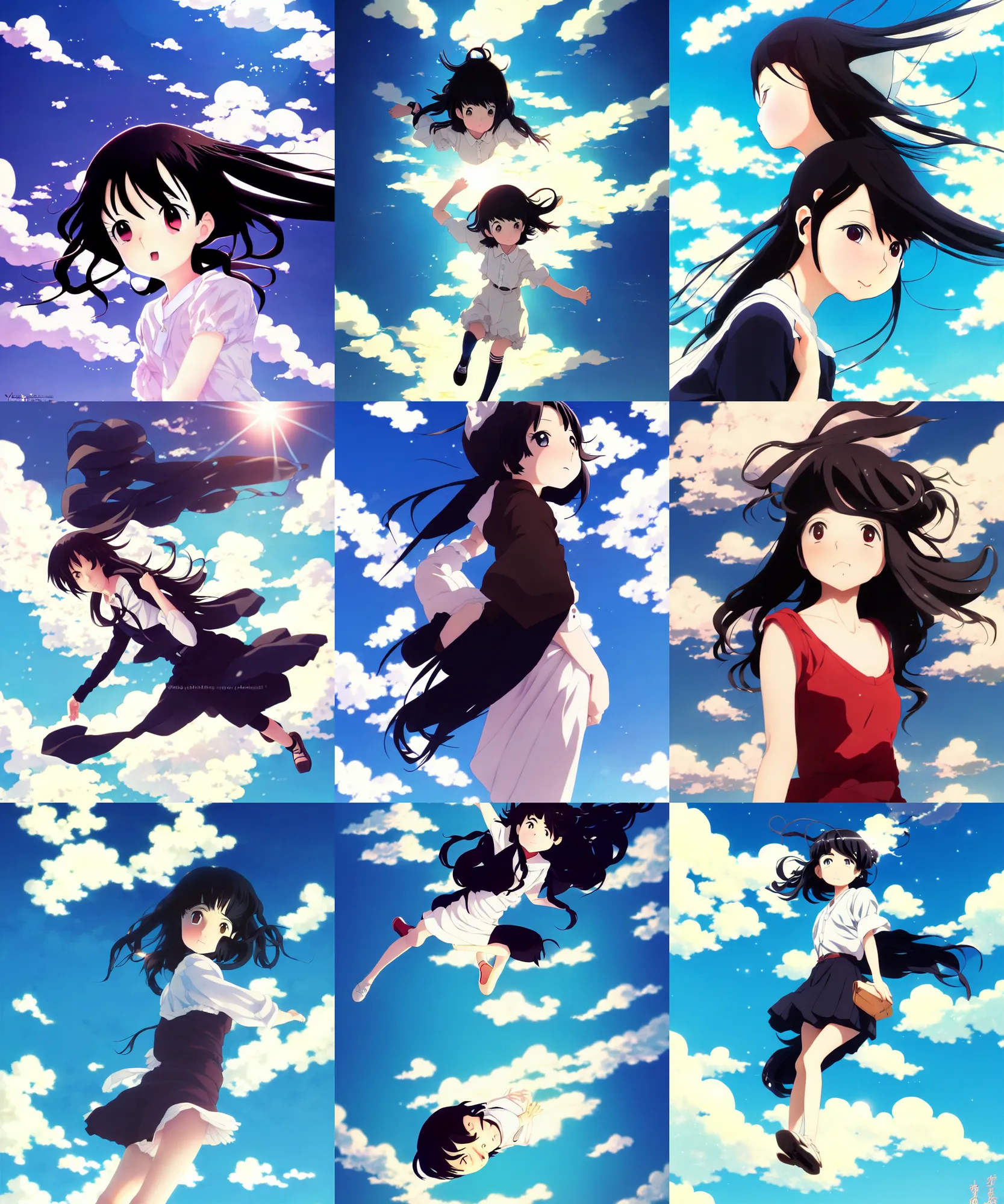 Prompt: anime visual, full body portrait of a young black haired girl flying in the sky cute face by yoh yoshinari, katsura masakazu, dramatic lighting, dynamic pose, dynamic perspective, strong silhouette, ilya kuvshinov, moody, detailed