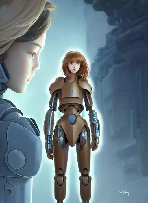 Image similar to young mysterious girl with light hazelnut hair with side swept bangs, perfectly proportioned face, brown eyes, strong square jawline, natural lighting, path traced, highly detailed, high quality, cartoon, digital painting, by new haicheng and studio ghibli and alphonse mucha wearing an cyborg space armor designed by neill blomkamp