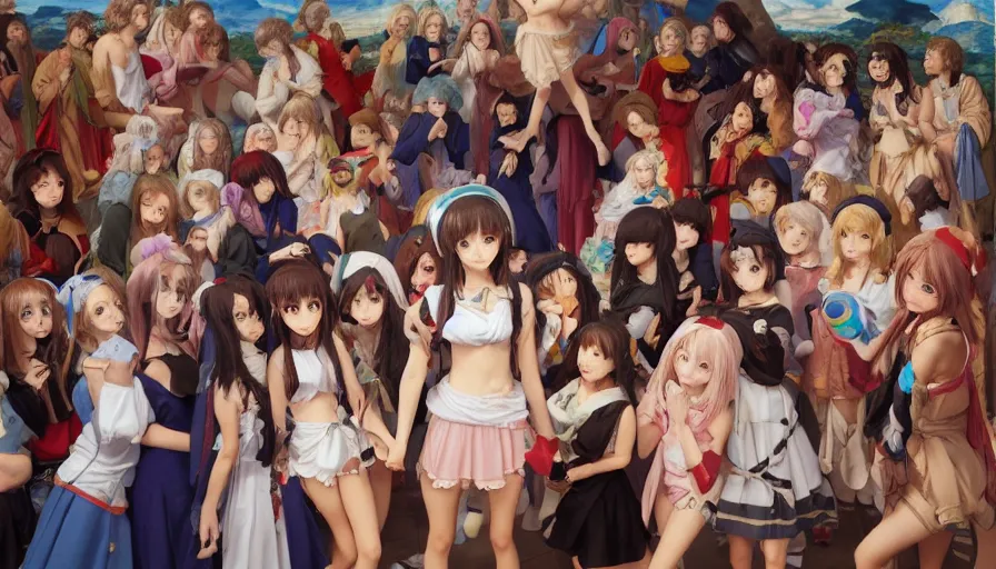 Image similar to jesus christ surrounded by cute anime girls, photorealistic, anime, mini skirt, neko, cat ears, renaissance painting, hyper real, detailed, wide angle shot, ultra detailed