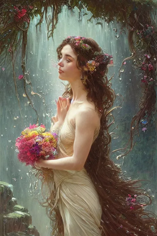 Image similar to portrait of a beautiful mysterious woman holding a bouquet of flowing flowers, wet dripping long hair, hands hidden under the bouquet, emerging from the water, fantasy, regal, intricate, by stanley artgerm lau, greg rutkowski, thomas kindkade, alphonse mucha, loish, norman rockwell