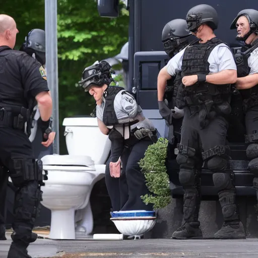 Image similar to hillary clinton getting raided by swat team while sitting on the toilet