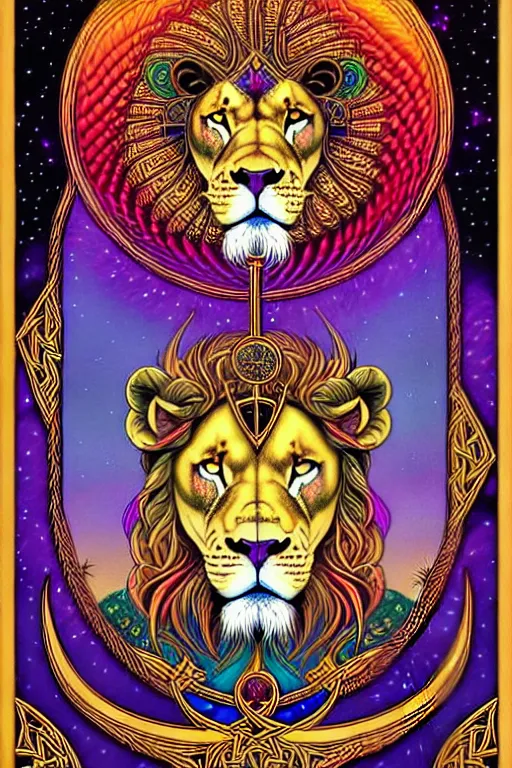 Prompt: beautiful and colorful fractal tarot card featuring an ornate, realistic, and regal viking lion by Dan Mumford, by Jim Fitzpatrick, by joe wilson, featured on deviant art, trending on artstation