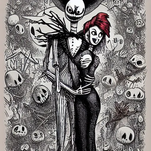 Image similar to “ a nightmare before christmas, jack skellington dances with sally, future world, art style by philippe caza, award winning concept art, highly detailed rendering. ”