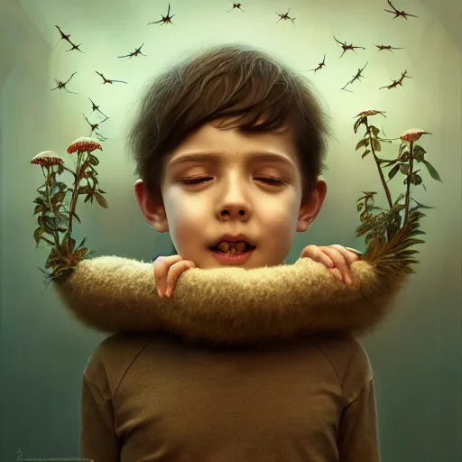 Image similar to lullaby of hope happiness of a young boy, moody : : wes anderson, roger dean, sophie anderson, esao andrews : : ornate, dynamic, particulate, intricate, elegant, highly detailed, centered, artstation, smooth, sharp focus, octane render, 3 d