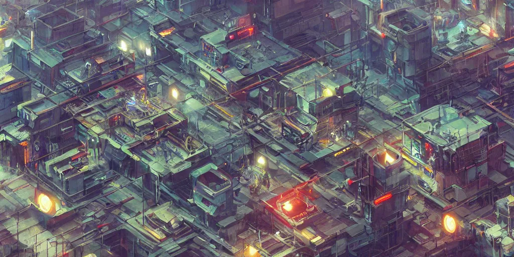 Prompt: isometric view of a cyberpunk factory filled with drone workers, busy, grimy, gritty, blade runner 2 0 4 9, trending on artstation, award winning painting, art by john berkey and anton fadeev and john howe and simon stalenhag