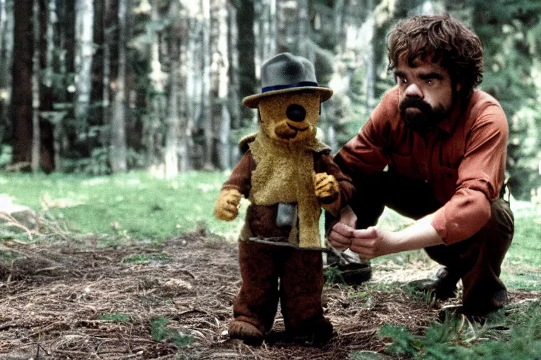 Image similar to peter dinklage holding a flare fighting smokey the bear, movie still, from the new sleepaway camp movie, 8 k, realistic