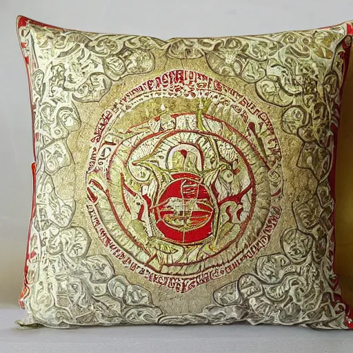 Prompt: the most amazing Imperial Russian pillow every made, product shot, intricate, fine detail, full Marxist print