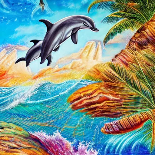 Prompt: dolphins leaping out of water in bay with sandy beach and palm trees, beautiful detailed painting in the style of josephine wall 4 k